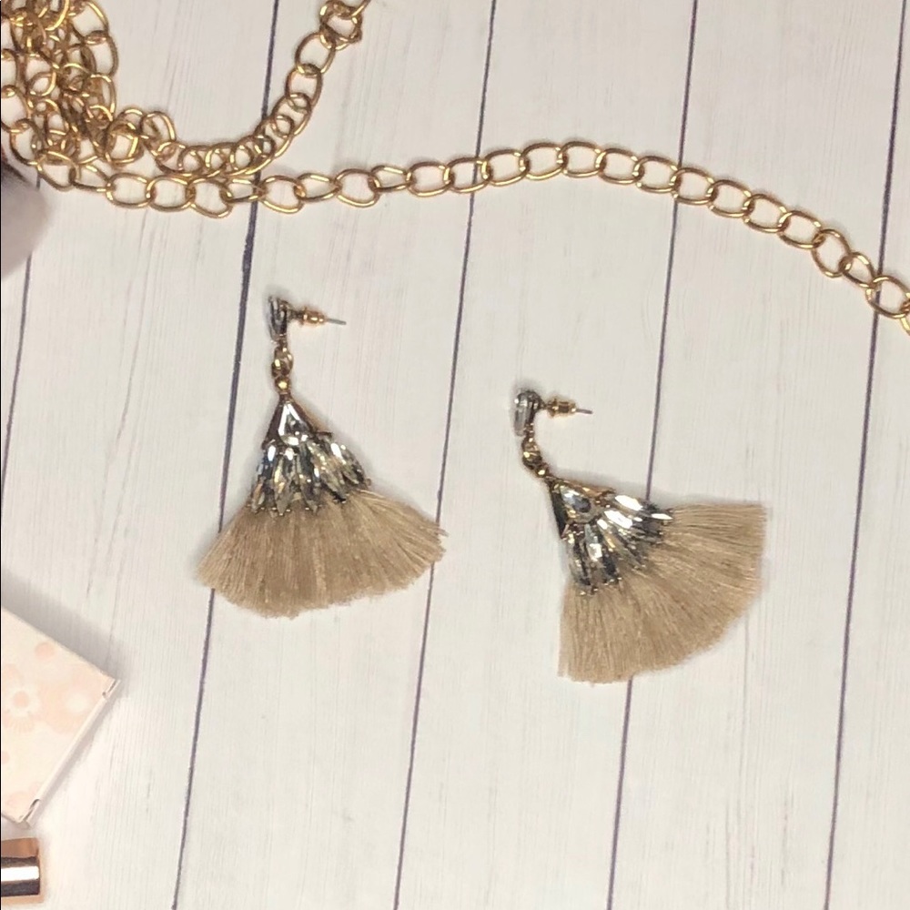 Taupe Tassel & Rhinestone Earrings